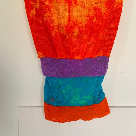 RARE! 1980's LIZA BRUCE Vintage Bathing Suit TIE-DYED LACE PULL DOWN SKIRT NEON - Picture 6 of 12